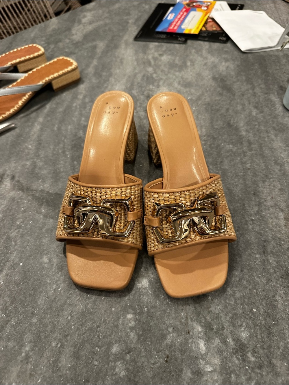 Target New Day Tan Woven Mules with Gold Chain Accent
